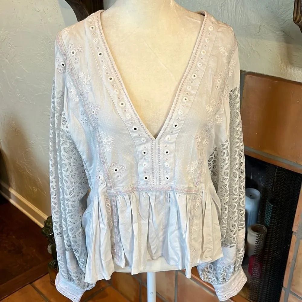 Free People Ivory Eyelet Peplum Lace Blouse